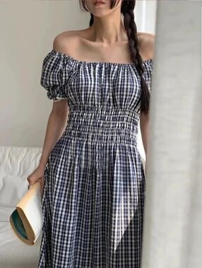 Smocked Off-Shoulder Navy Gingham Midi Dress